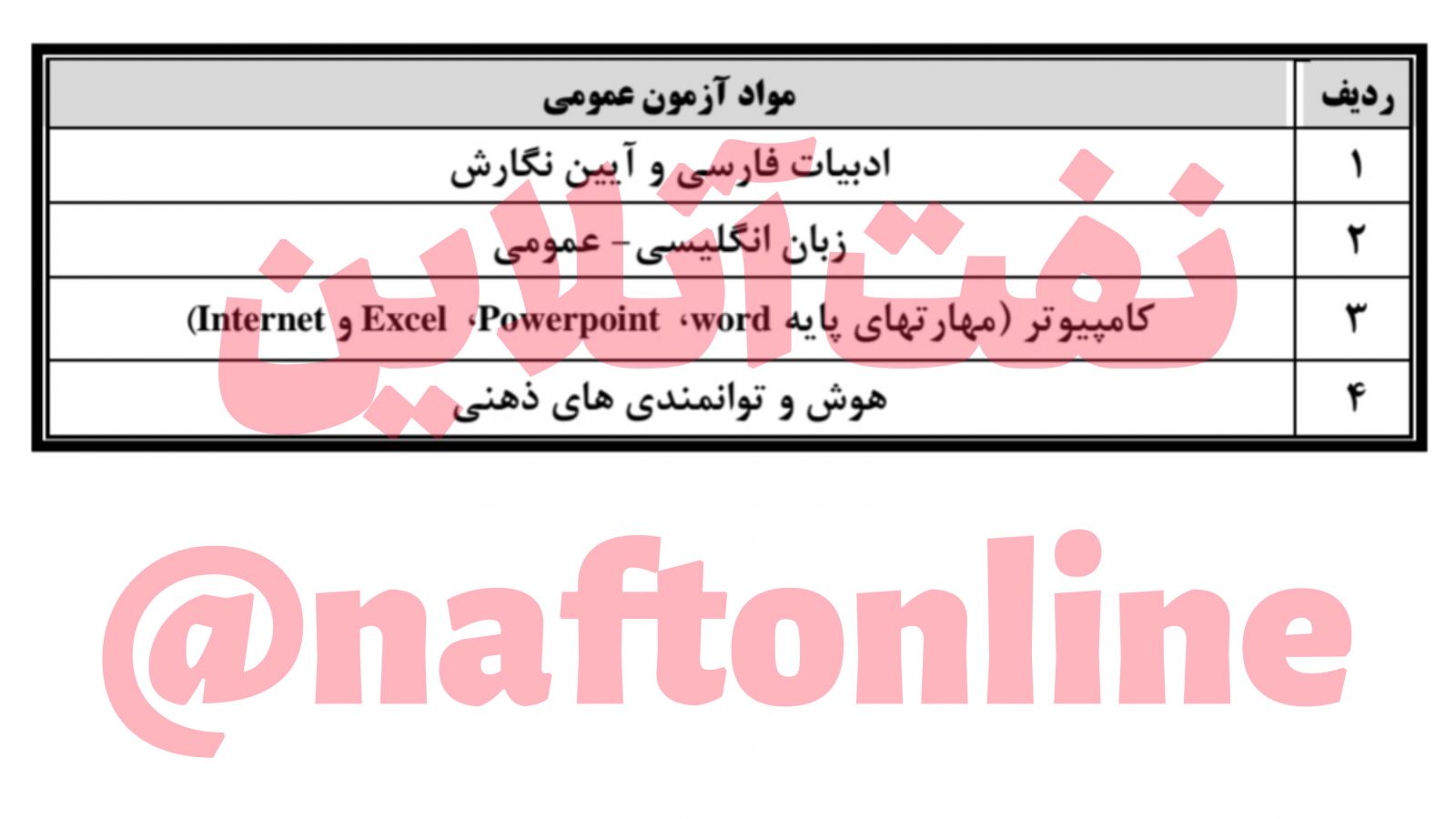 جدول آزمون استخدامی نفت مواد عمومی